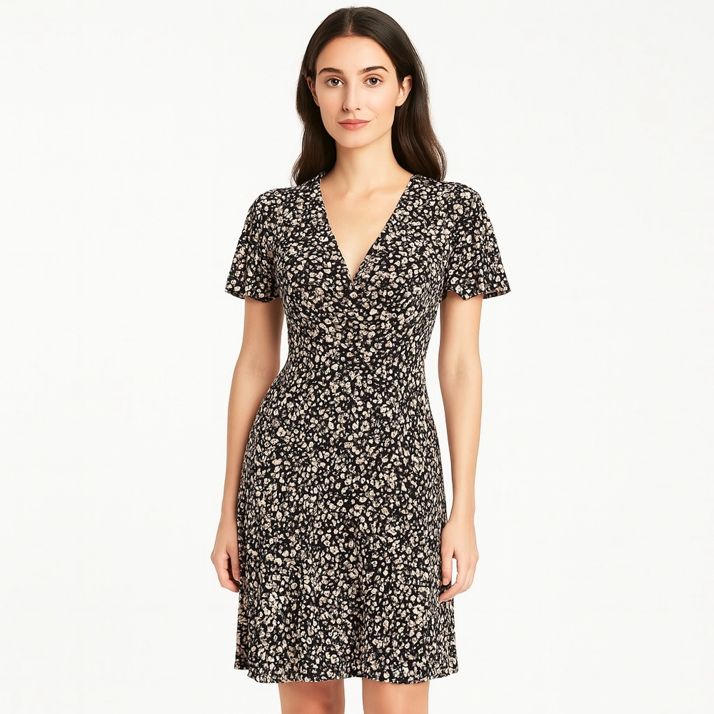 Women's CHAPS Black & Beige Floral V-Neck Mini Dress M